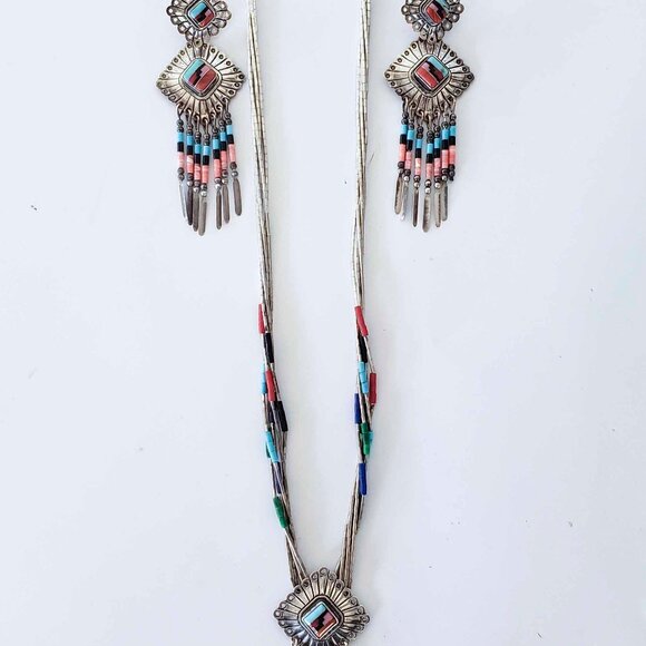 Quoc Turquoise Native Fringed Liquid Silver Necklace and Matching Earrings Set - Picture 1 of 6